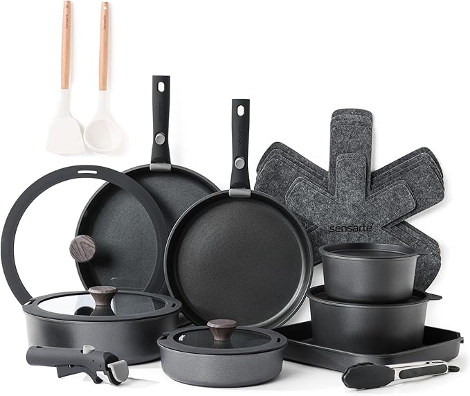 SENSARTE 24 Piece Pots and Pans Set, Nonstick Detachable Handle Cookware, Induction Kitchen Cookware Set with Removable Handle, Healthy Non Stick for RV, Dishwasher竊냀ven Safe (Black)