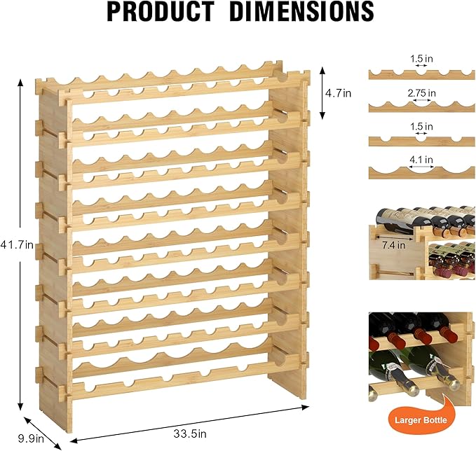 Wine Rack Freestanding Floor Bamboo Stackable Wine Storage Racks Wall Mounted, Modular Wine Bottle Stand Holder Display Shelf for Cabinet, Kitchen, Bar (Nature)