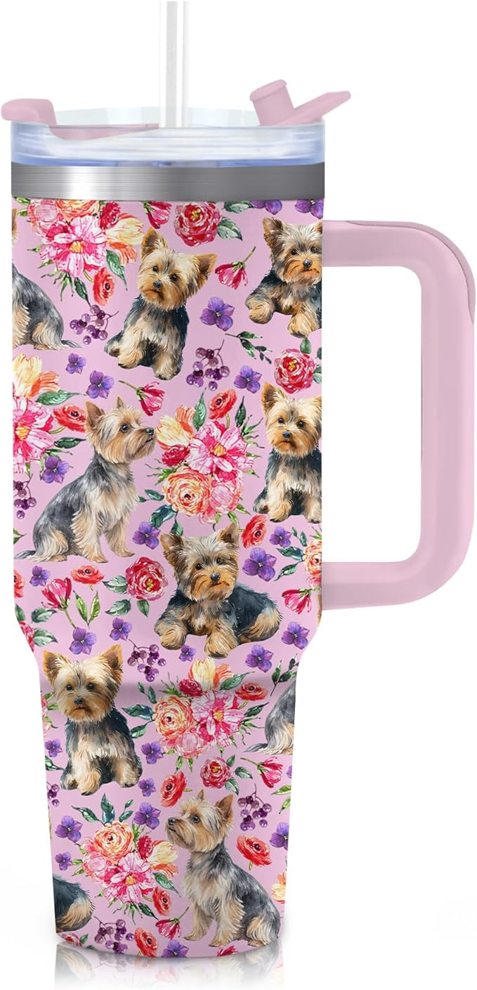 Yogusut Yorkie Gifts for Women, 40oz Stainless Steel Insulated Tumbler Travel Mug Cup with Handle Straw, Gifts for Dog Mom Dog Lover
