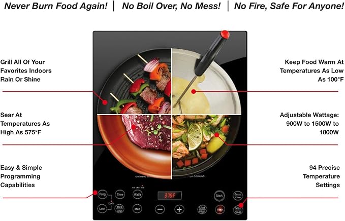 Nuwave Pro Chef Induction Cooktop, NSF-Certified, Commercial-Grade, Portable, Powerful 1800W, Large 8??Heating Coil, 94 Temp Settings 100째F - 575째F in 5째F, Shatter-Proof Ceramic Glass Surface
