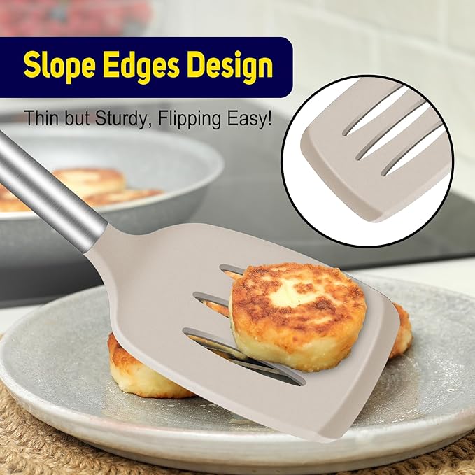 HOTEC Silicone Spatula Set of 2 Heat-Resistant 600째F & BPA-Free Kitchen SaptulaTurner with Stainless Steel Handles, Slotted & Solid Spatulas for Nonstick Cookware, 13.7 Inch, Khaki