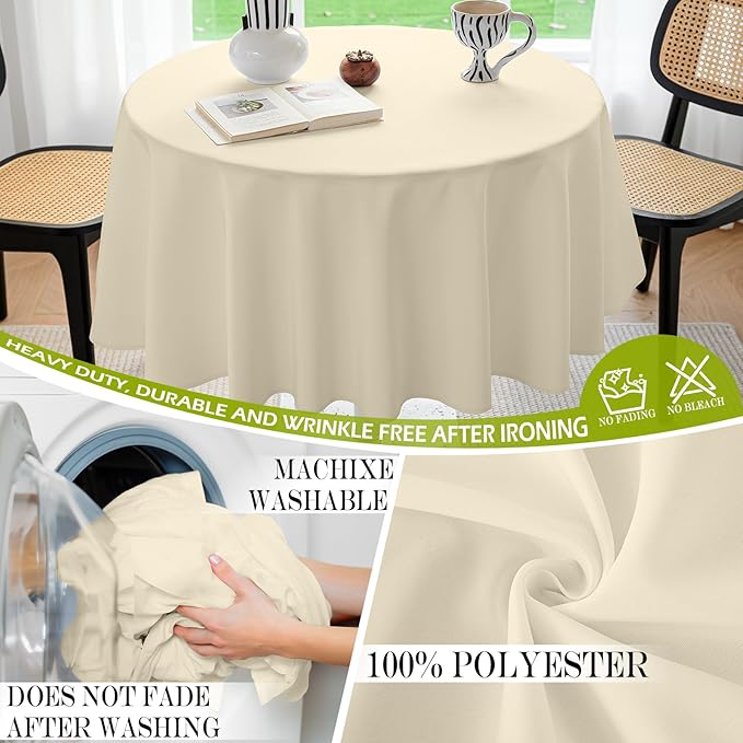 BYDOLL Table Cloth 60 Inch Round Tablecloth Fits Max50 Inch Diameter Table Top,Beige Polyester Washable Wrinkle-Free Spillproof Tablecloth for Party Patio Cover