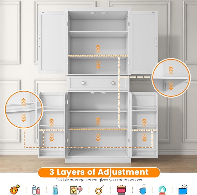 72" Tall Kitchen Pantry Cabinet, White Pantry Storage Cabinet with Adjustable Shelves, Barn Doors and Drawer, Farmhouse Cupboard for Kitchen, Dining Room, Bathroom (16" D x 30" W x 72" H)