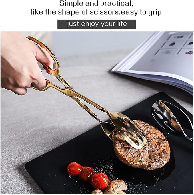 2 Pieces Buffet Salad Tongs for Kitchen Serving and Cooking, Stainless Steel Food Scissor Tongs, Catering Utensil for Bread Cake Bake Steak Barbecue (Gold)