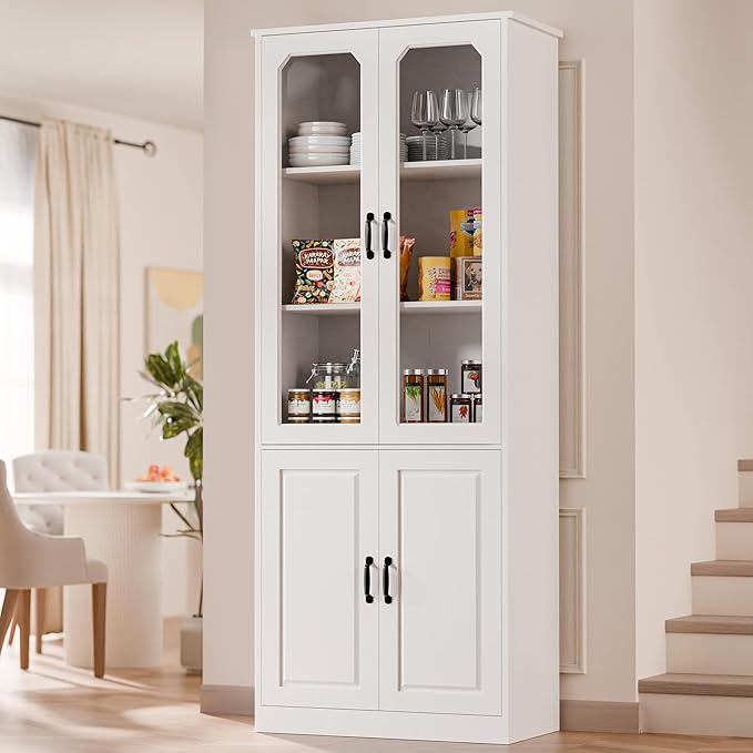 MU 78.7" Tall Kitchen Pantry with 2 Glass Doors, Freestanding China Cabinet with Adjustable Shelves, Large Kitchen Pantry Storage Cabinet Cupboard for Dining Room, Living Room, White (Large, 31.5" W)