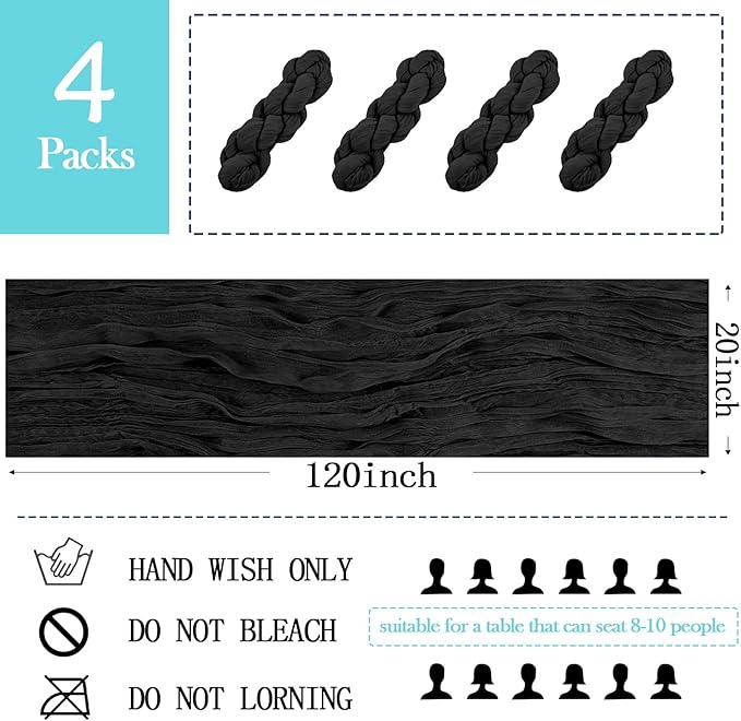 4 Pack Black Cheesecloth Table Runner 20 x 120 inch Gauze Table Runners 10 FT Long,Semi Sheer Boho Cheese Cloth Fabric Table Runner Bulk for Wedding,Party,Baby Shower,Bridal Shower Decoration