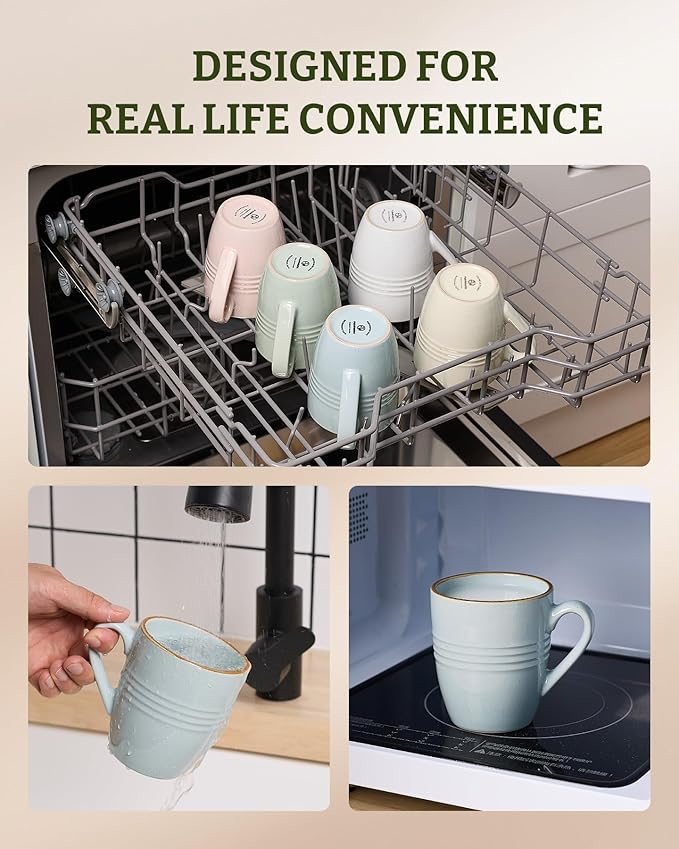 famiware Jupiter Coffee Mugs Set of 6, 14 OZ Coffee Mug, Microwave and Dishwasher Safe, Coffee Cups with Handle for Coffee, Tea, Cocoa, Milk, Light Blue