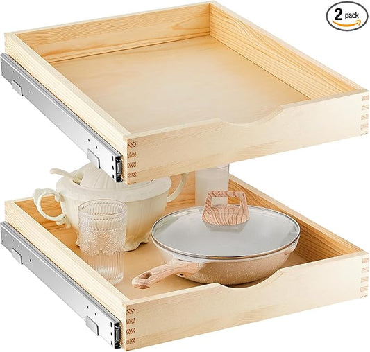 Menkxi 2 Set Pull out Tray Cabinet Organizer Wooden Pull Drawers storage Slide out Pantry Shelf for Base Cabinet Kitchen Gentle Close Fully Assembled Accessories(Wood Color,18'' X 21'' X 3'')