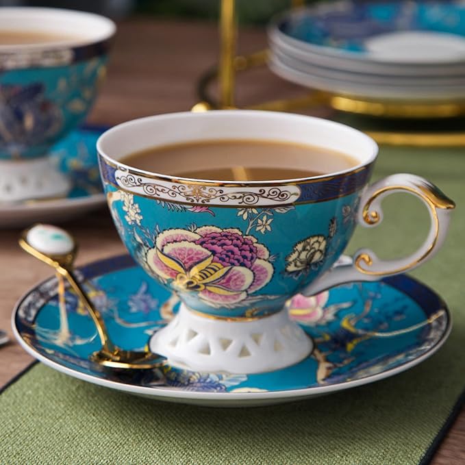 ACMLIFE Tea Sets for Adults for 6 - Tea Pot Sets with Cups Blue, Tea Sets for Women Tea Party, Fine Bone China 24K Gold, Vintage British English Porcelain Afternoon Service Sets for Luxury Gift
