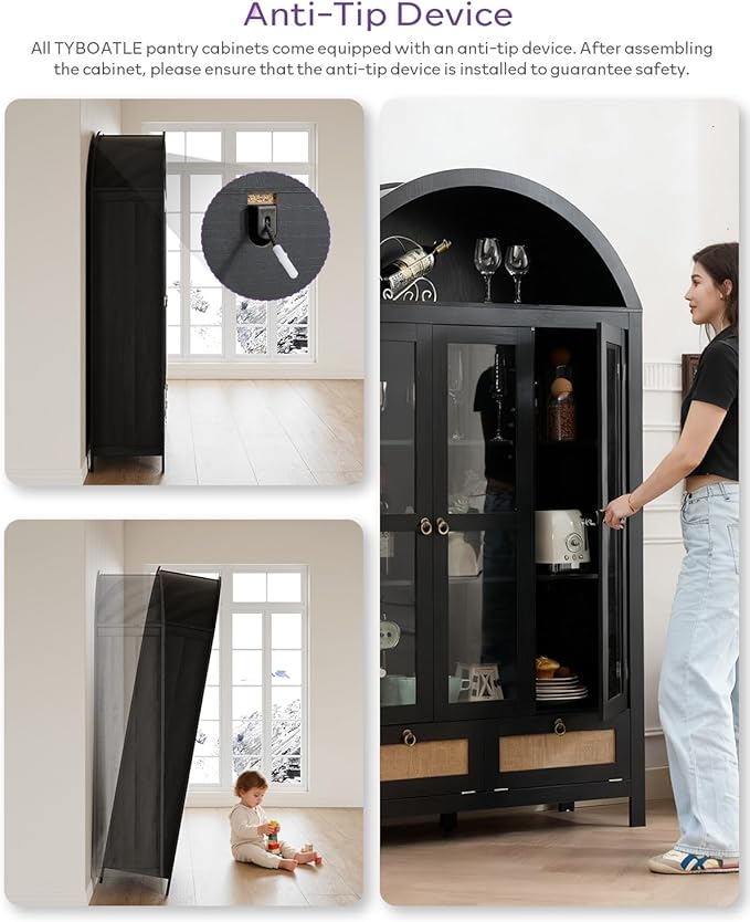 TYBOATLE 75 Inch Arched Cabinet Classic Farmhouse Design w/Three Glass Doors, Arch Cabinet w/Rattan Drawers and Anti-Tipping Device, Versatile Cupboard for Kitchen, Bathroom, Black