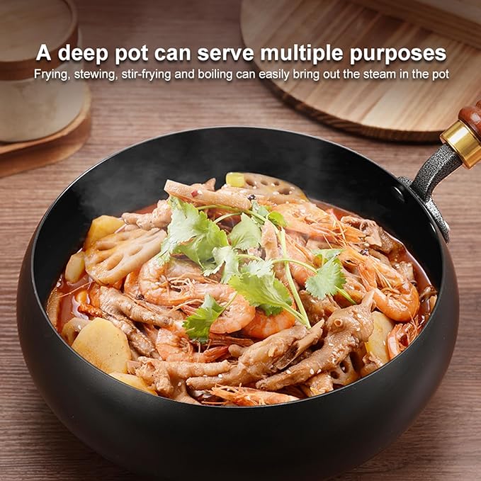 Carbon Steel Wok Pan, 10.2??Woks & Stir-Fry Pans with wooden Lid Cookwares, Nonstick Wok Flat Bottom Small Handmade Chinese Wok For for All Stoves