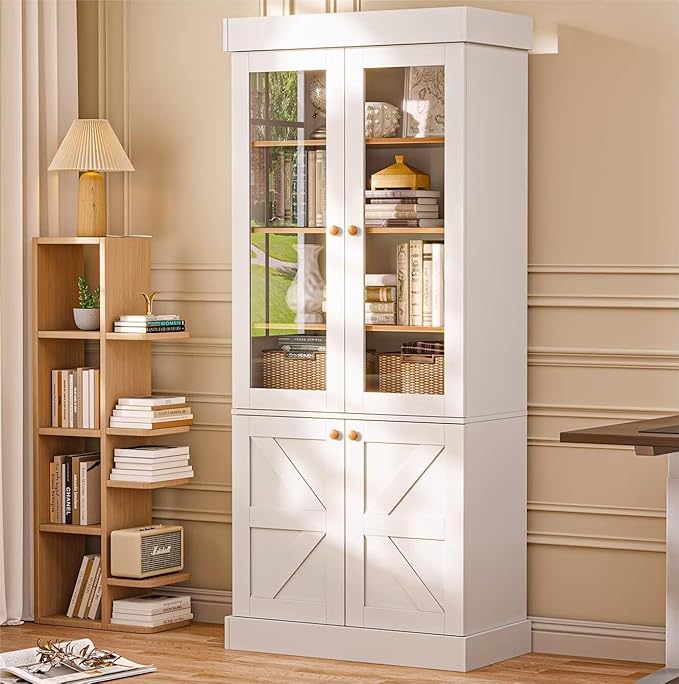 71" Tall Kitchen Pantry Cabinet, Rustic Farmhouse Storage Hutch with Glass Doors & Adjustable Shelves, Freestanding Wood Buffet Cabinet for Dining Room, Living Room, White