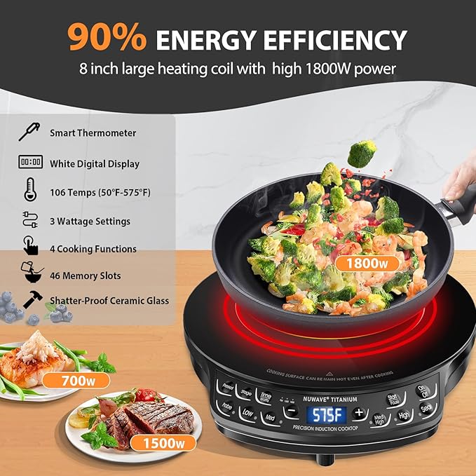 Nuwave Induction Cooktop, Improved Hot Plate with Digital Probe , 106 Temps 100째F-575째F, 3 Watt Settings, Portable Induction Burners for Cooking