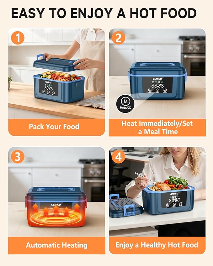GEARGO ?윇?윃?윇?윍 ?릶?맗?맆?맜?릾?맃?맄?맃 Cordless Electric Lunch Box, 1.6L & 24000mAh Rechargeable Heated Lunch Box with Ice Crystal Box, 24 Hours Scheduled Self Heating Lunchbox For Work Men Women(Blue)