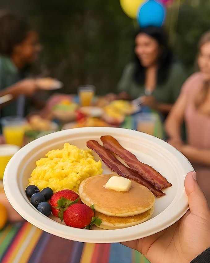 9 Inch Compostable Paper Plates ??150 Pack | Eco-Friendly Disposable Plates | Sturdy, Tree-Free, Heat & Leak Resistant Alternative to Plastic Plates