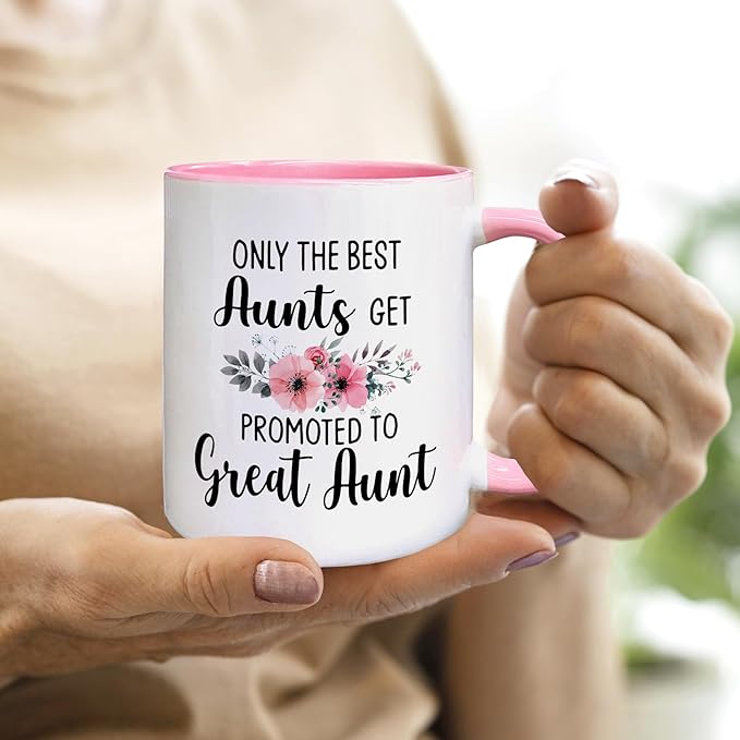QASHWEY Great Aunt to Be Gifts Coffee Mugs Mug, Funny Pregnancy Announcement Gifts for Auntie New Great Aunt, Get Promoted to GreatAunt Double Side Printed Ceramic Mug Cup 11 Ounce(Pink)