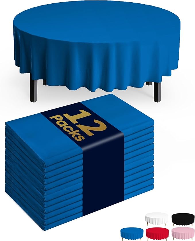 Pureegg Plastic Table Cloth Disposable 12 Pack, 84'' Round Table Cloths, Graduation Decorations Class of 2025, Graduation Party Tablecloths, Round, Plastic Cover, Leakproof & Sturdy, Blue