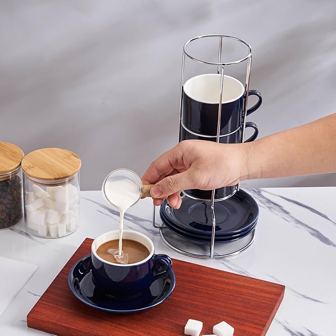 8oz Porcelain Cappuccino Cups with Saucers and Metal Stand, Stackable Coffee Cups for Specialty Coffee Drinks, Cappuccino, Latte, Espresso, Americano and Tea - Cups Set of 4, Blue