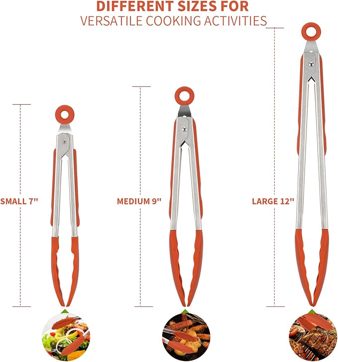 Kitchen Tongs, U-Taste 7/9/12 inches Cooking Tongs, with 600쨘F High Heat-Resistant Non-Stick Silicone Tips, 18/8 Stainless Steel Handle, for Food Grill, Salad, BBQ, Frying, Serving, Pack of 3(Orange)
