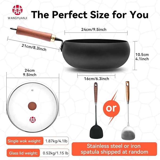 WANGYUANJI Wrought Iron Flat Bottom Wok with Glass Lid ??Detachable Wooden Handle, Non-Coated Naturally Nonstick Frying Pan for Gas, Electric & Induction Stoves (Black Deep-Bowl Wok, 9.5 inch)
