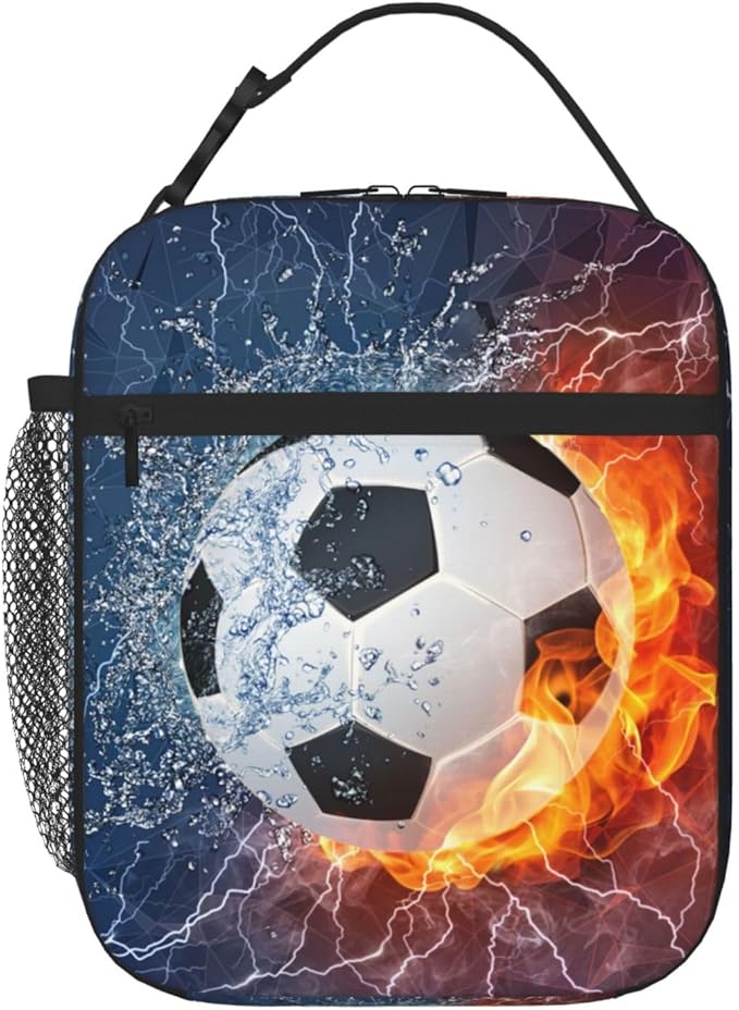 YIJIUWKIS Soccer Lunch Box Sports-themed Lunch Bag for Kids Teens Boys Girls, Insulated Leakproof Waterproof Reusable Lunch Bags with Mesh Pocket, Portable Durable Cooler Tote Bag with Double Zippers