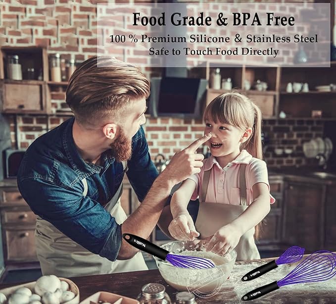 Walfos Whisk,7+9+11in Silicone Whisks for Cooking Non Scatch,Kitchen Whisk,BPA Free and Heat Resistant 480째F,Wisk Perfect for Frothing,Blending,Beating.Dishwasher Safe 3pcs Dark Purple
