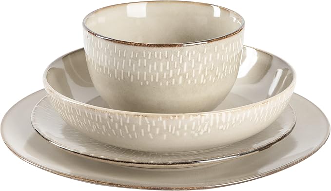 Gibson Elite Matisse 16-Piece Double Bowl Dinnerware Set ??Service for 4, Taupe Stoneware Plates and Bowls