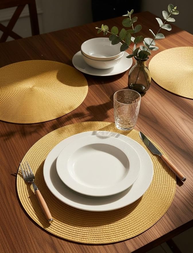 FunWheat Round Braided Placemats Set of 8 Table Mats for Dining Tables Woven Washable Non-Slip Place mats 15 inch(Pumpkin Yellow,8pcs)