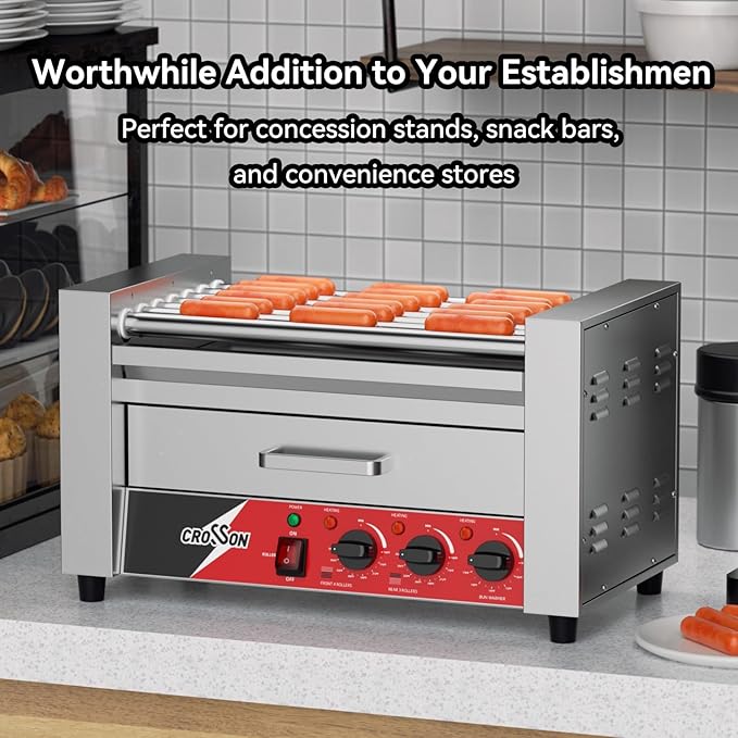CROSSON Hot Dog 7 Roller with Bun Warmer,Commercial 7 Nonstick 304 Roller Grill Cooker Machine-120V, 1350W