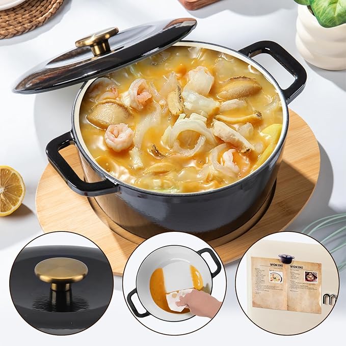 Enamel Cast Iron Dutch Oven with Lid,Dual Handles,Heavy-Duty Cookware for Sourdough Bread Baking,Braising,Stews,Roasting,Oven Safe up to 500째 F,7QT,black