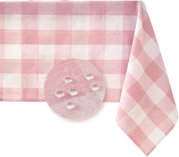 BALCONY & FALCON Rectangle Gingham Table Cloth ??Water-Resistant Cotton Blend, Spill-Proof & Washable Checkered Tablecloth for Kitchen, Dining, Picnic, Party (Pink White, 57x118 Inch)