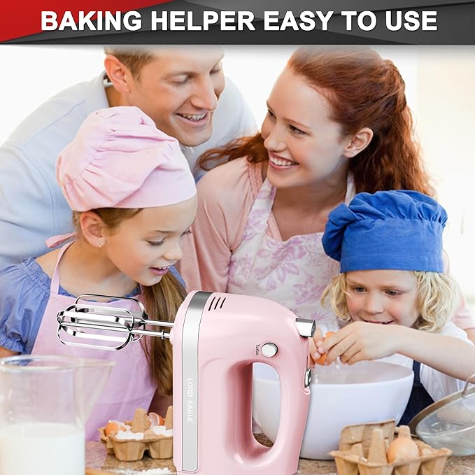 Lord Eagle Hand Mixer Electric 400W, 5 Speed handheld Mixer, 5 Stainless Steel Accessories for Baking Cake Egg Cream Food Beater, Turbo Boost/Self-Control Speed + Eject Button, Pink