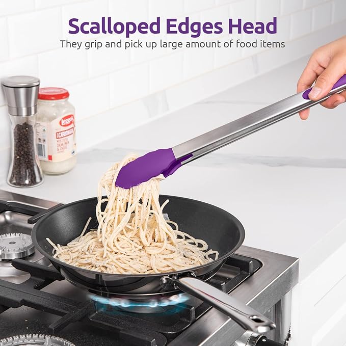 600쨘F Heat Resistant Kitchen Tongs: U-Taste 16 inch Extra Long Large Silicone Cooking Tong with Sturdy Non Stick Rubber Tips & Non Slip Silicon Coated 18/8 Stainless Steel Handle for Grill BBQ(Purple)