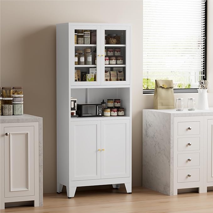 COFaR 69" Tall Modern Kitchen Pantry,Metal Storage Cabinet with Shelves 竊?Glass Doors for Display,Pantry Storage Cabinet,Freestanding Cupboard for Kitchen,Dining Room,Living Room,Bathroom,White