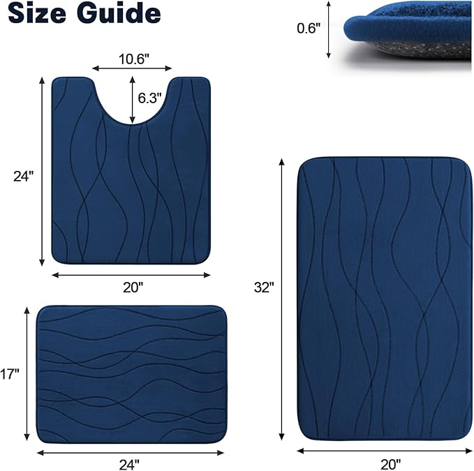 YIHOUSE Memory Foam Blue Bathroom Rug Sets 3 Piece, Ultra Absorbent Bath Mat for Bathroom - Non-Slip Machine Washable & Dry Quickly, 3 Piece Bathroom Mat Set, Navy Blue