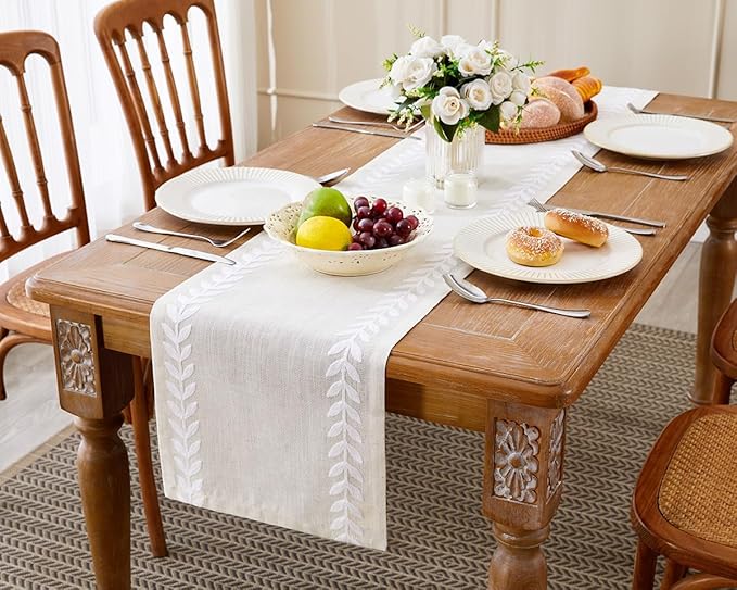 Wracra Embroidered Table Runner Irregular Willow Leaf Table Runners 90 Inches Long for Dresser Home Dining Table Decor,14 x 90 Inch, White