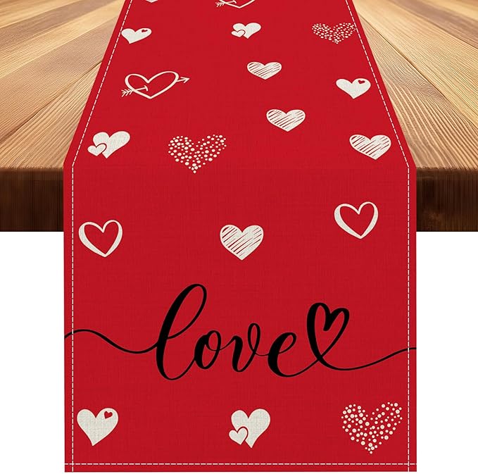 Valentines Day Table Runner 13x48 Inch, Love Hearts Valentine Table Runner, Anniversary Home Kitchen Dining Table Holiday Party Decorations (Red)