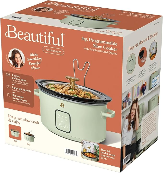Beautiful 4 Quart Slow Cooker Touch Display Removable Stoneware Pot 4 Cooking Presets by Drew Barrymore (Sage Green)