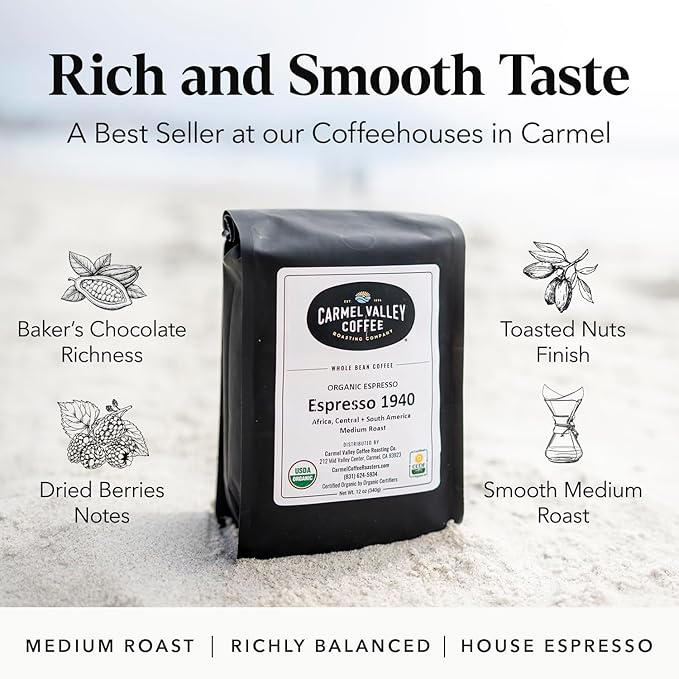 Carmel Valley Coffee Roasting Espresso 1940 ??Organic Medium Roast, Africa, Central & South America - Notes of Dried Berries, Toasted Nuts & Baker?™s Chocolate, Whole Bean Coffee, 12 Oz Bag, 1 Pack
