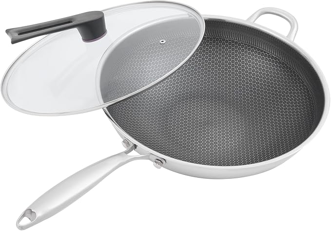 14 Inch Wok Pan with lid, Food-Grade Stainless Steel Woks & Stir-fry Pans Nonstick, Dishwasher and Oven Safe, Cooking Pan Compatible with Gas & Induction Cooker