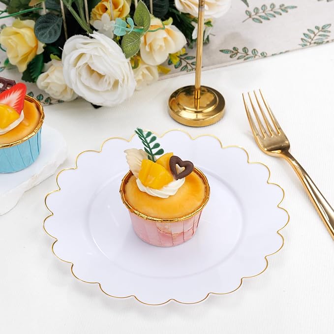 SUT 72Pcs Plastic Plates-7.5inch White Dessert Plates with Gold Trim, White Disposable Plates, Disposable Plates,Fancy Plastic Plates, Heavy Duty Plastic Plates for Christmas & Parties