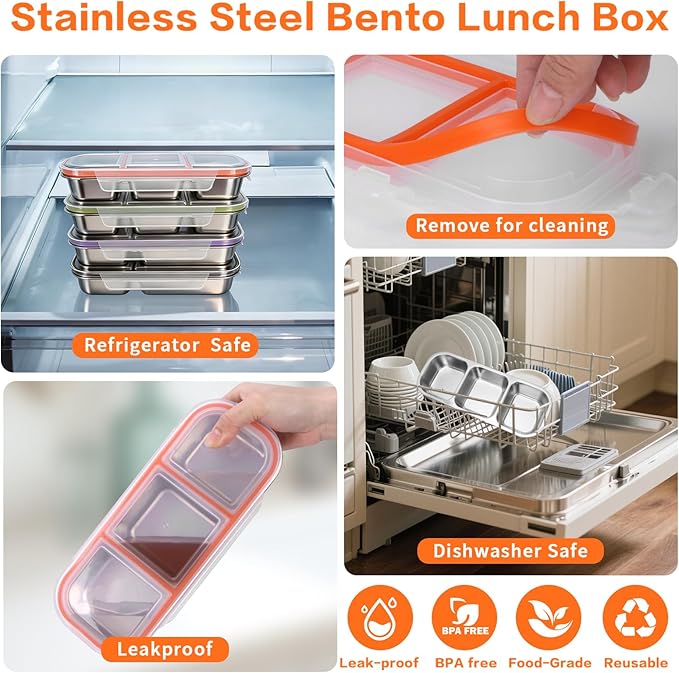 YJSLICT 4 Pack Stainless Steel Snack Containers with Lids, 3-Compartments Reusable Lunch Box for Adults, Food Storage Containers Divided Meal Prep Box for Home, Work, Travel