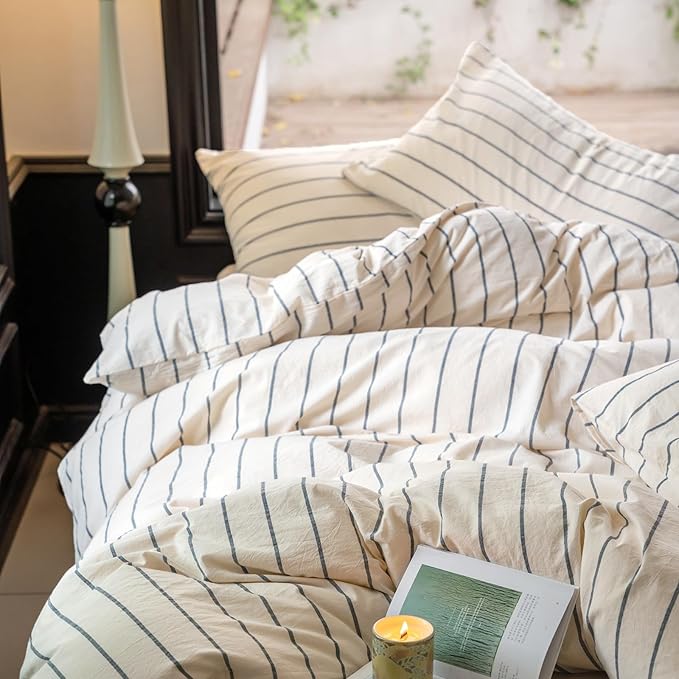 Striped Comforter Set Queen Size Grey Stripes Pattern Printed Comforter 3 Pieces Lightweight Boho Bedding Comforter Set for All Seasons Breathable Soft Fluffy Beige Comforter with 2 Pillowcases