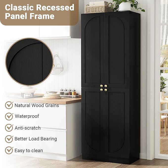 Cyclysio 80" Kitchen Pantry, Extra Tall Arch Storage Cabinet with 4 Doors and Adjustable Shelves, Freestanding Wood Cupboard with Seamless Fit Wall for Dining Living Room Bathroom Furniture (Black)