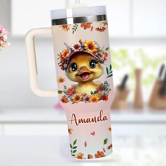 AGGLOMEKC Personalized Cute Duck Cup - Mother's Day Birthday Gift For Animal Lovers - Just A Girl Who Loves Duck Tumbler 40oz With Custom Name - Pet Lover Gifts For Women, Her