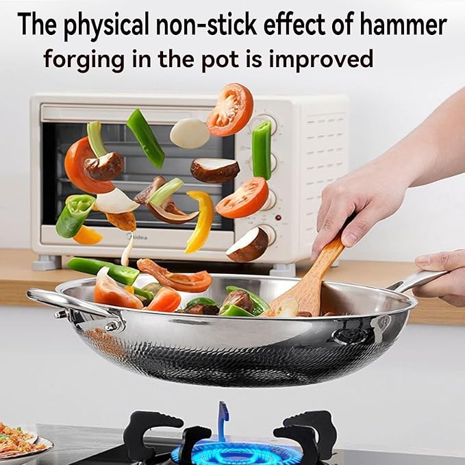 Titanium Hammered Wok, No Coating Non-Stick Titanium Cookware, Frying Pans, Hammered Pan,Ultra-Durable, Scratch-Resistant, Even Heating Frying Pans, Safe for Oven,with lid,12.59in