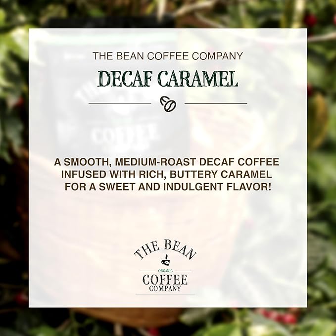 The Bean Organic Coffee Company Water Processed DECAF Caramel, Medium Roast, Ground Coffee, 16-Ounce Bag, Caf챕 Molido Tostado Org찼nico descafeinado