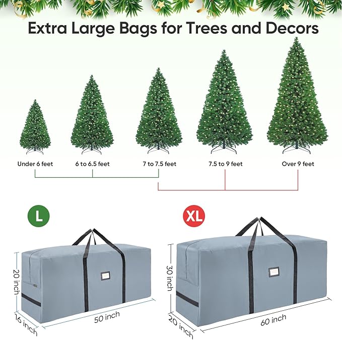 BALEINE 7.5 ft Christmas Tree Storage Bag, Heavy Duty 900D Oxford Fabric with Reinforced Handles and Dual Zippers Wide Opening, Extra Large Storage Container for Trees and Decorations (Grey)