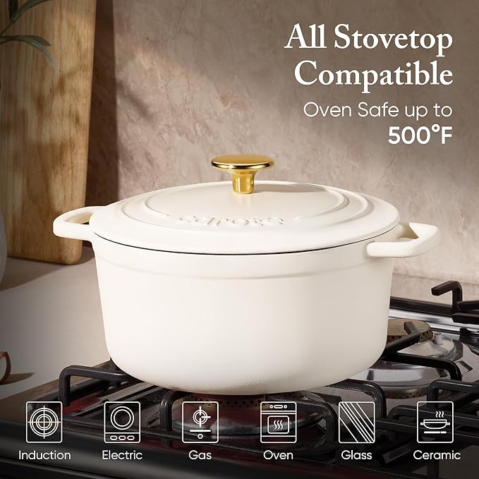 CAROTE Enameled Cast Iron Dutch Oven Pot with Lid, 4 QT Dutch Ovens, Heavy-Duty Cast Iron Pot for Sourdough Bread Baking, Braising, Stews, Roasting, Healthy & Non-Toxic, Dual Handles, All Stovetop Compatible, Oven Safe up to 500째 F, Cream White