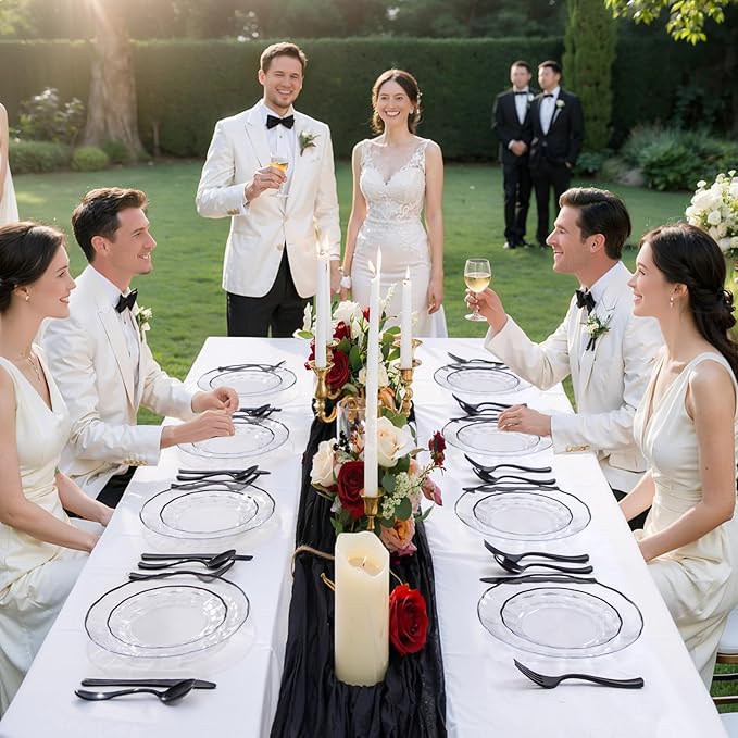 EI 150pcs Clear and Black Plastic Plates Dinnerware Disposable Party Set for 30Guests,Dinnerware Include 60 Clear Plates Disposable 90 Black Silverware,Perfect for Party,Business Events,Hotel